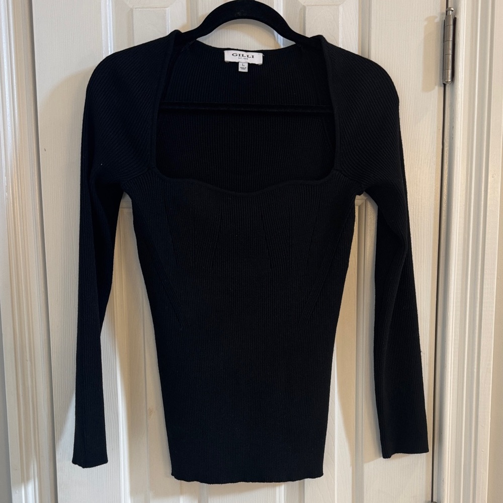 Gilli Black Ribbed Knit Sweater w/ Unique Neckline